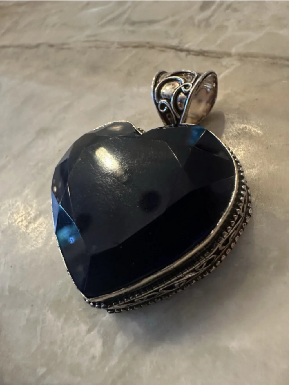 925 Sterling Silver Large Royal Blue Gem Jewelry Heart Boho Pendant 2.2''